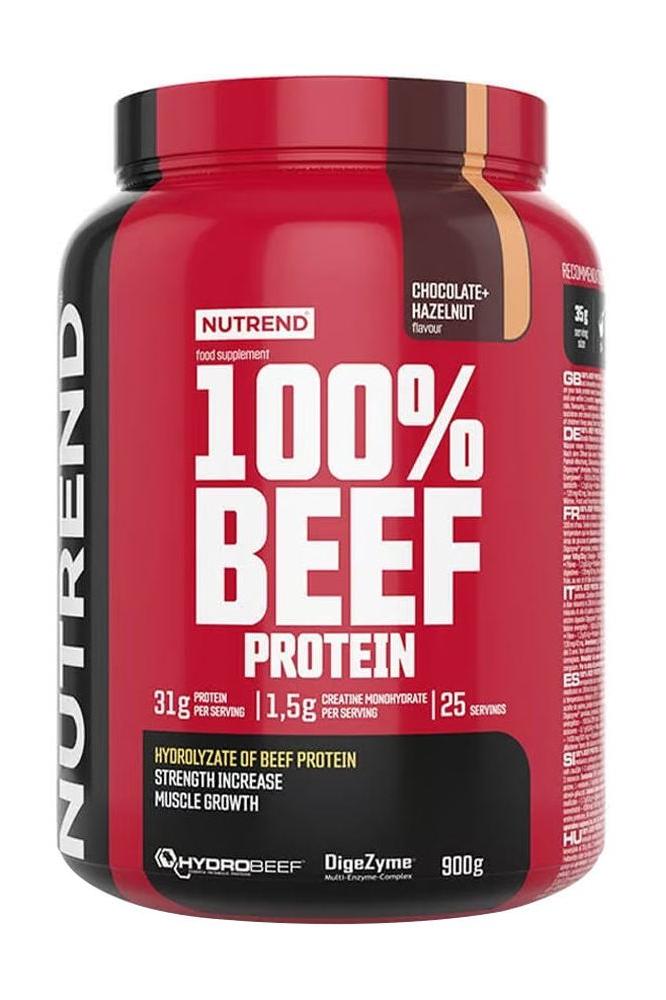 Nutrend 100% Beef Protein powder in chocolate-hazelnut flavor, 900g tub for muscle growth and strength.