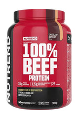 Nutrend 100% Beef Protein powder in chocolate-hazelnut flavor, 900g tub for muscle growth and strength.