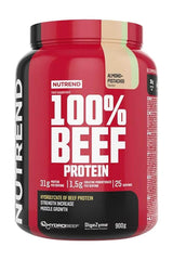 Nutrend 100% Beef Protein supplement jar with details on protein content and ingredients for muscle growth.