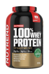Nutrend 100% Whey Protein strawberry flavor, 2250g, featuring high-quality WPI and WPC with no artificial colors.