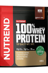 Nutrend 100% Whey Protein package featuring chocolate flavor with 22g protein per serving.