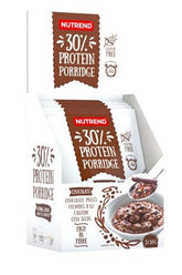 Nutrend 30% Protein Porridge box, chocolate flavor, gluten-free, high in protein and fiber, quick to prepare.