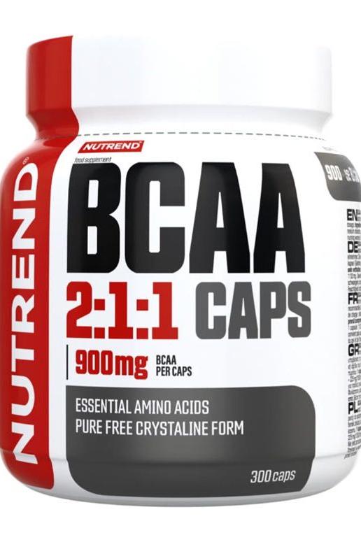 Nutrend BCAA 2:1:1 Caps bottle with 900mg essential amino acids, 300 capsules for muscle recovery and growth.