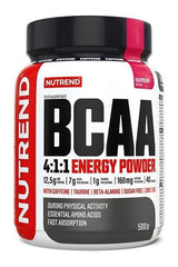 NUTREND BCAA 4:1:1 Energy Powder with raspberry flavor, featuring essential amino acids for energy and recovery.