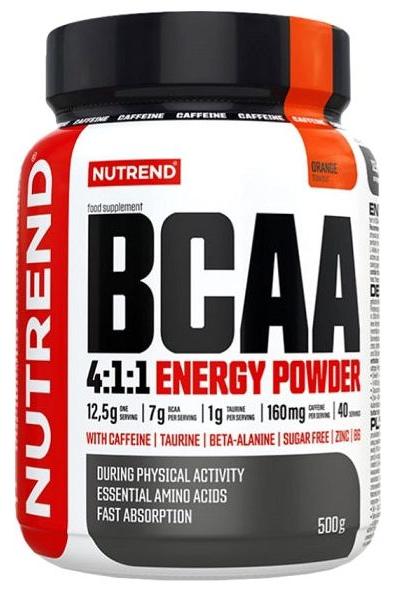NUTREND BCAA 4:1:1 Energy Powder supplement bottle with caffeine for muscle recovery and endurance.