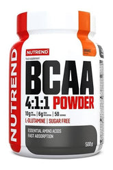 Nutrend BCAA 4:1:1 Powder supplement container with essential amino acids for muscle growth and recovery.