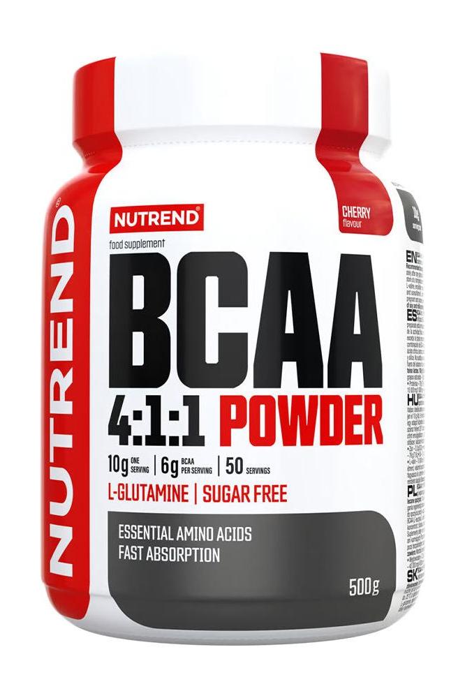 Nutrend BCAA 4:1:1 Powder in cherry flavor, 500g, sugar-free, supports muscle growth and recovery.