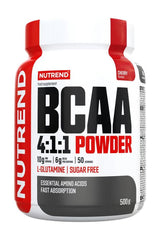 Nutrend BCAA 4:1:1 Powder in cherry flavor, 500g, sugar-free, supports muscle growth and recovery.