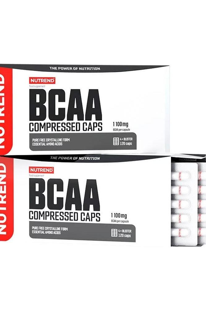 Nutrend BCAA Compressed Caps packaging with 120 capsules, featuring 2:1:1 BCAA ratio for muscle support and energy.