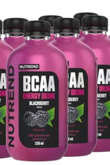 Nutrend BCAA Energy Drink in Blackberry flavor, 330 ml bottles, energizing beverage with caffeine and B vitamins.