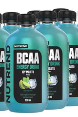 Nutrend BCAA Energy Drink in Icy Mojito flavor, 8 x 330 ml bottles for energy boost and enhanced performance.