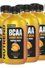 Nutrend BCAA Energy Drink in Tropical Mango flavor, pack of 8 x 330 ml for an energy boost.