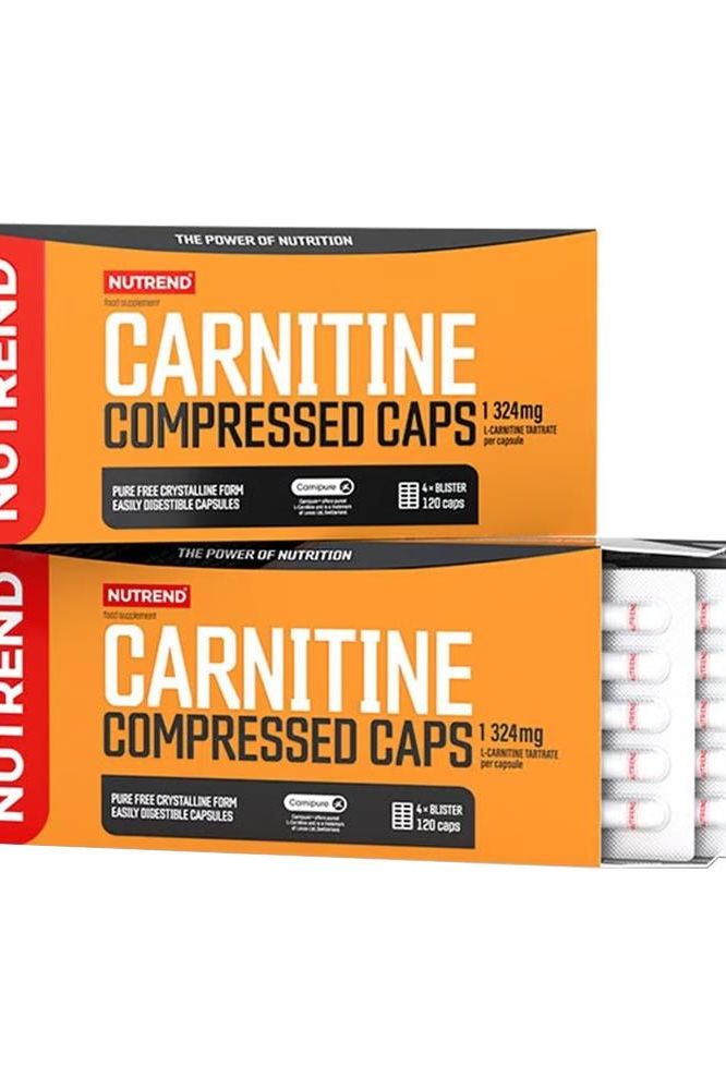Nutrend Carnitine Compressed Caps 120 capsules packaging with 324mg L-Carnitine for energy and weight loss support.