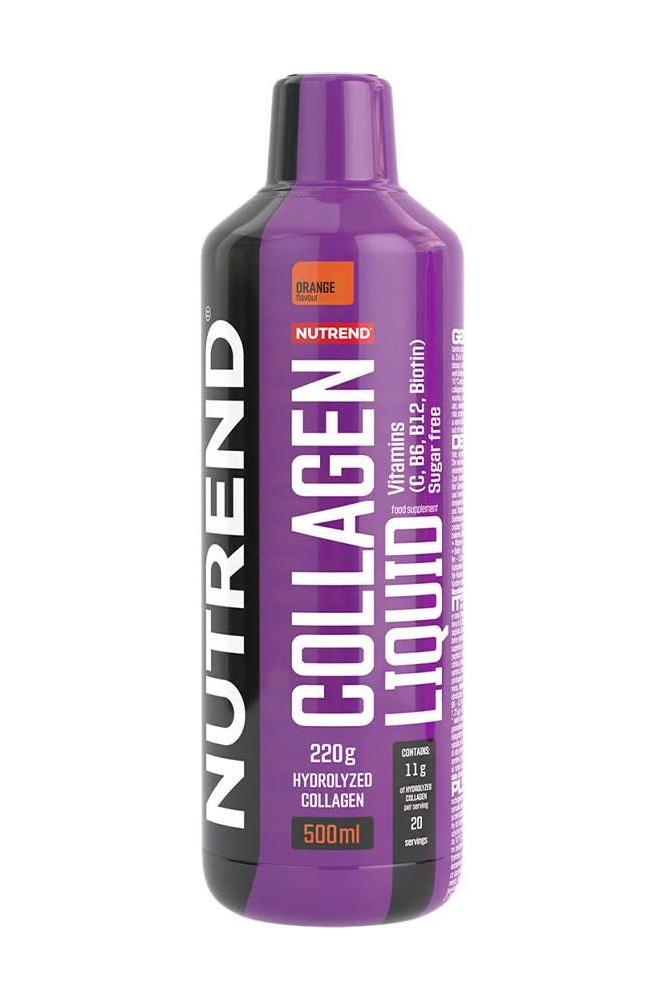 Nutrend Collagen Liquid in orange flavor, 500 ml bottle, enriched with vitamins, supports skin and joint health.