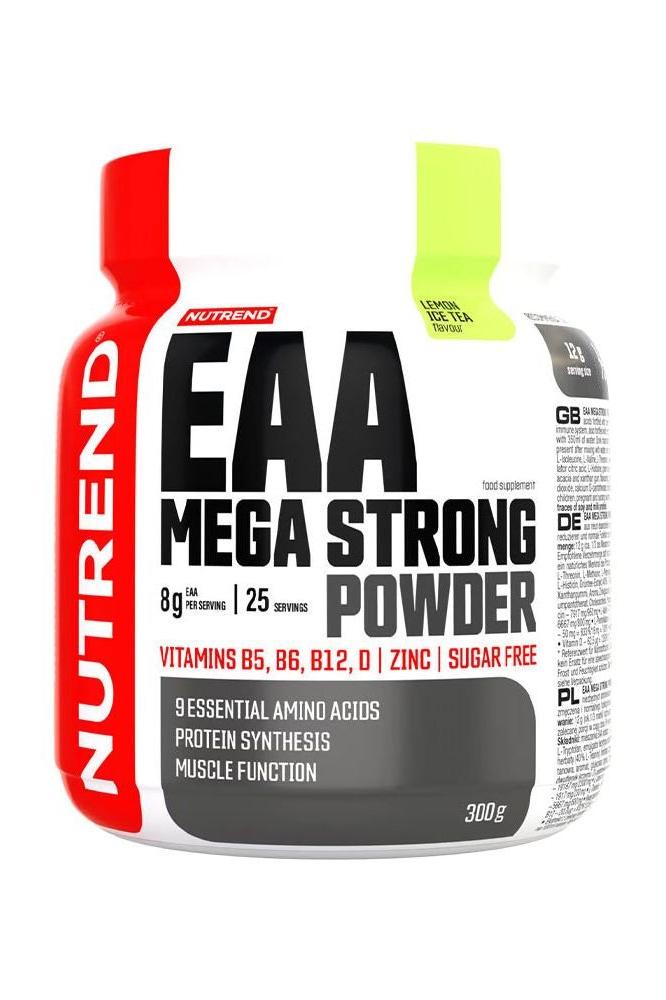 Nutrend EAA Mega Strong Powder container showcasing 9 essential amino acids and vitamins for muscle function.