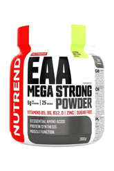 Nutrend EAA Mega Strong Powder container showcasing 9 essential amino acids and vitamins for muscle function.