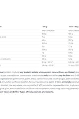 Nutritional information table for Nutrend Excelent Protein Bar showing proteins, fats, carbs, and vitamins.