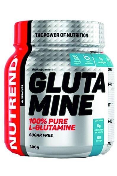 Nutrend Glutamine supplement jar, 100% pure L-glutamine, 300g, sugar-free, supports muscle recovery and growth.