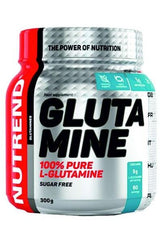 Nutrend Glutamine supplement jar, 100% pure L-glutamine, 300g, sugar-free, supports muscle recovery and growth.