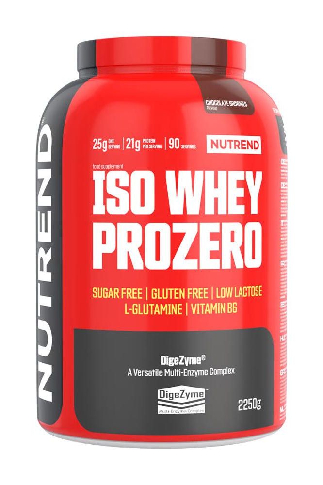 Nutrend Iso Whey Prozero protein powder, sugar-free, gluten-free, low-lactose, with BCAA and digestive enzymes.