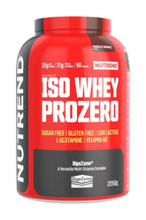 Nutrend Iso Whey Prozero protein powder, sugar-free, gluten-free, low-lactose, with BCAA and digestive enzymes.