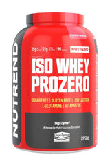 Nutrend Iso Whey Prozero protein powder tub, sugar-free, gluten-free, low lactose, 2250g, supports muscle recovery.