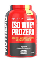 Nutrend Iso Whey Prozero protein powder jar, low lactose, sugar and gluten-free, rich in BCAAs and enzymes.