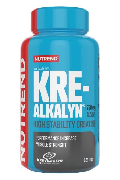 Nutrend Kre-Alkalyn 750mg supplement bottle for muscle strength and performance increase, 120 capsules.
