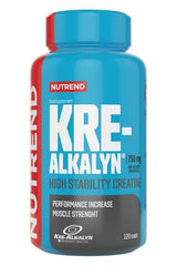 Nutrend Kre-Alkalyn 750mg supplement bottle for muscle strength and performance increase, 120 capsules.