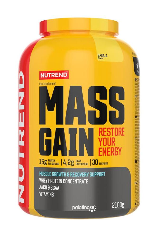 Nutrend Mass Gain protein powder for muscle growth and recovery, 2100g, vanilla flavor, supports energy and muscle repair.
