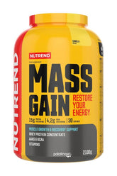 Nutrend Mass Gain protein powder for muscle growth and recovery, 2100g, vanilla flavor, supports energy and muscle repair.