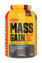 Nutrend Mass Gain protein supplement, 2100g, promotes muscle growth and recovery with added BCAAs.