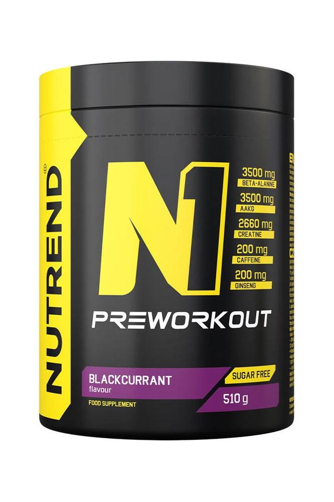 Nutrend N1 Preworkout supplement in blackcurrant flavor, 510g, enhances energy and performance during workouts.