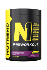 Nutrend N1 Preworkout supplement in blackcurrant flavor, 510g, enhances energy and performance during workouts.