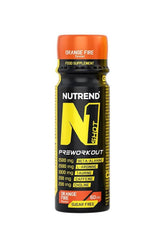 Nutrend N1 Shot Preworkout in orange fire flavor, 60ml energy booster for intense workouts.