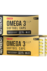 Nutrend Omega 3 Plus Softgel Caps packaging, featuring 120 capsules of high-concentration fish oil enriched with vitamin D.