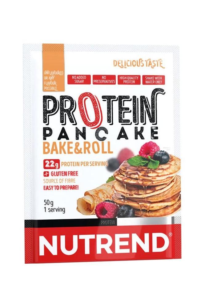 Nutrend Protein Pancake Bake & Roll packaging, gluten-free, 22g protein per serving, easy to prepare.