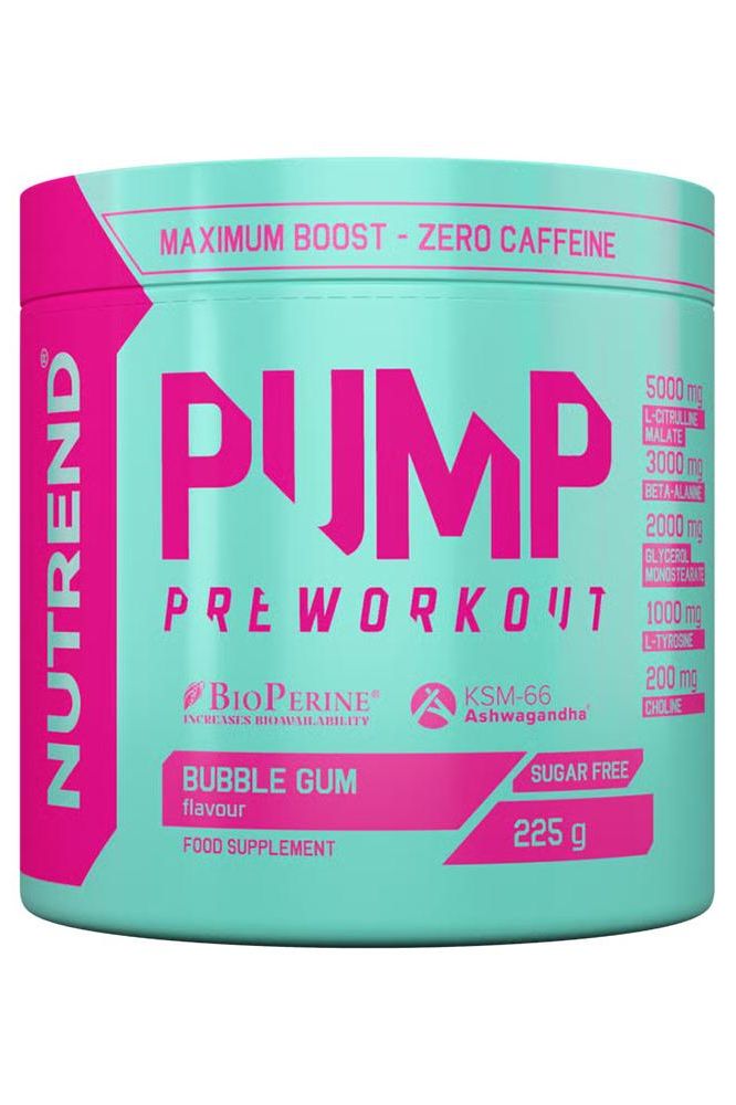 Nutrend Pump Preworkout supplement in bubble gum flavor, caffeine-free, sugar-free, 225g container.