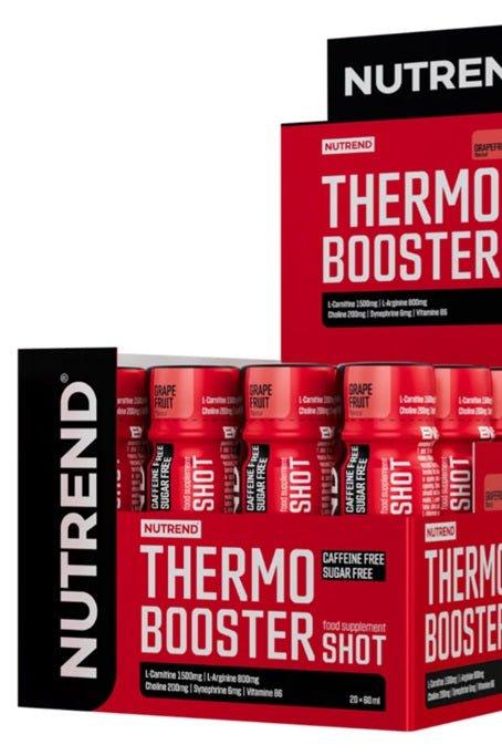 Nutrend Thermobooster Shot packaging featuring 20 x 60 ml bottles, designed to enhance fat metabolism and energy support.