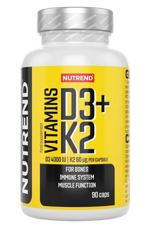 Nutrend Vitamins D3 + K2 supplement bottle, 90 gelatin capsules for bone and immune health.
