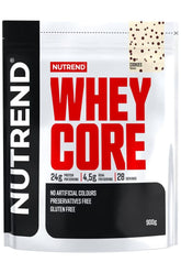 Nutrend Whey Core protein powder packaging, 900g, gluten-free, no artificial colors, 24g protein per serving.