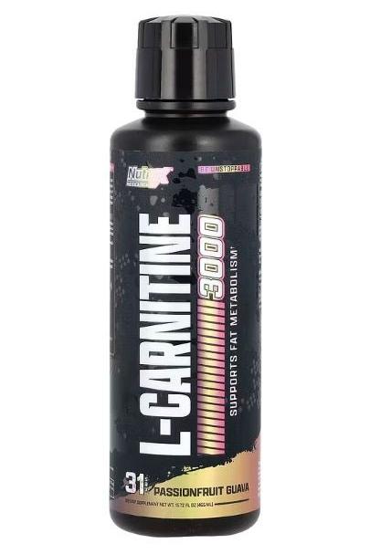 Nutrex L-Carnitine 3000 liquid in Passionfruit Guava flavor for effective fat burning and energy support.
