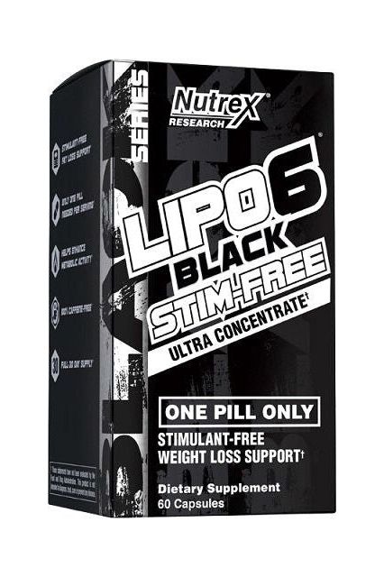 NUTREX Lipo-6 Black Stim-Free Ultra Concentrate bottle for weight loss support, 60 capsules, stimulant-free formula.
