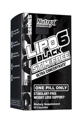 NUTREX Lipo-6 Black Stim-Free Ultra Concentrate bottle for weight loss support, 60 capsules, stimulant-free formula.