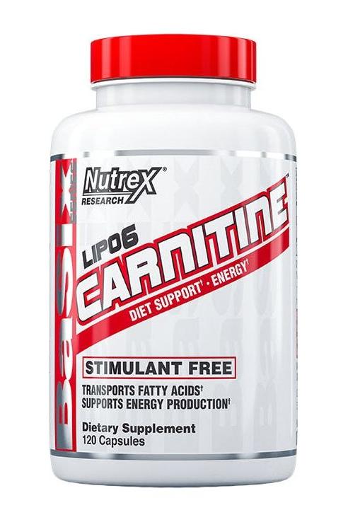 NUTREX Lipo-6 Carnitine supplement bottle, stimulant-free, promotes fat burning and energy support, 120 capsules.