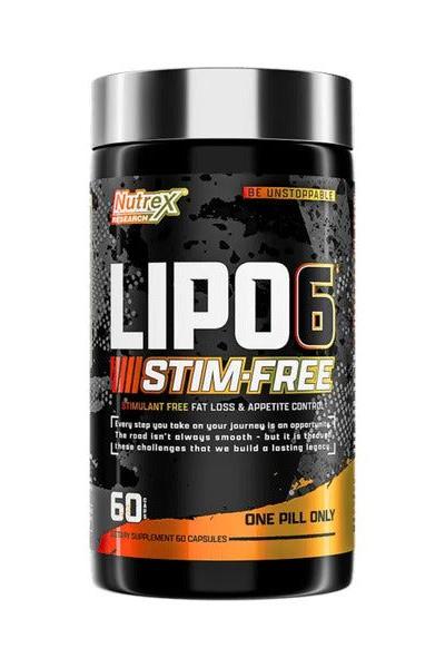 Nutrex Lipo-6 Stim-Free fat loss supplement, stimulant-free formula in a sleek black and orange design.