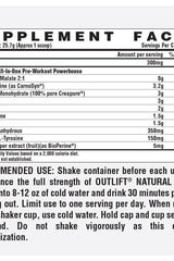 Supplement facts for Nutrex Outlift Natural pre-workout, highlighting key ingredients and usage instructions.