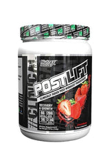 Nutrex PostLift post-workout powder for muscle recovery, featuring essential amino acids for growth, with strawberry flavor.