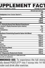 Nutrex PostLift supplement facts label detailing ingredients and nutritional information.