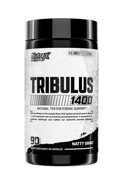 Nutrex Tribulus 1400 dietary supplement bottle promoting testosterone support and muscle recovery, 90 capsules.